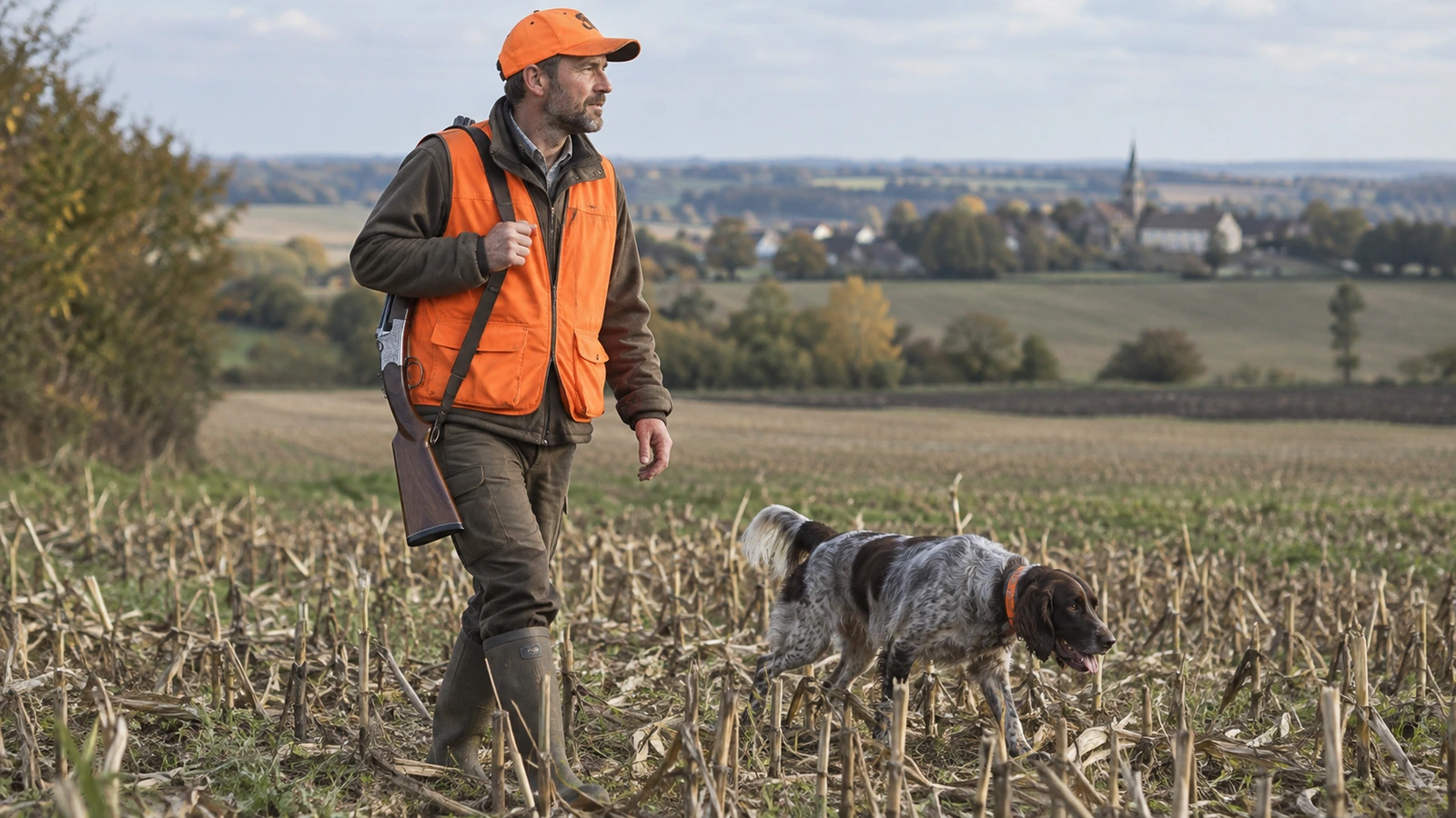 Chasse au petit gibier : chasseur en gilet orange et son chien d'arrêt dans une plaine de chaumes de maïs