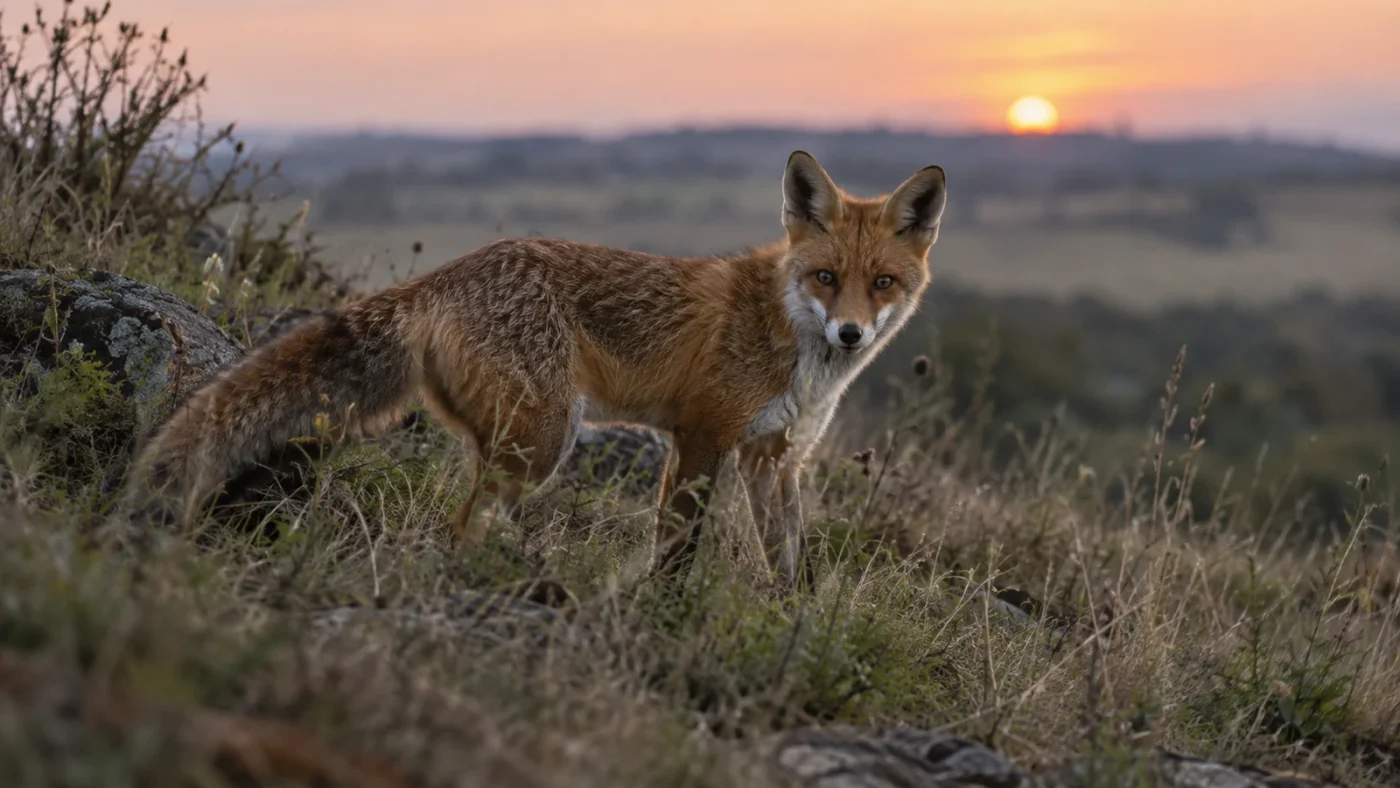 Chasse au renard : renard roux dans une friche au coucher du soleil