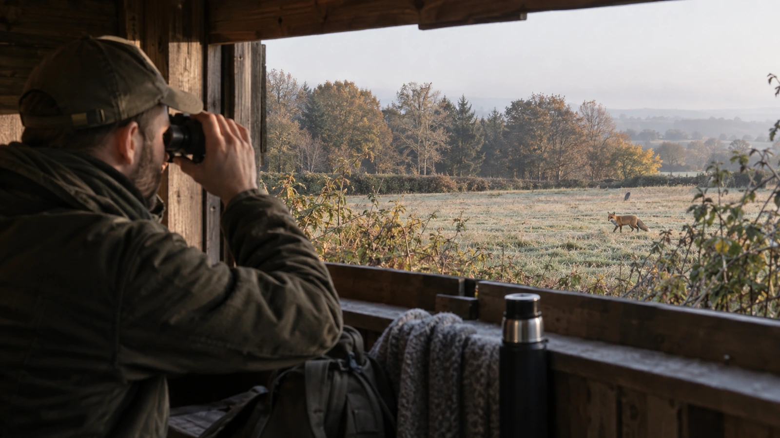 Chasse au renard : chasseur à l'affût dans une cabane observant un renard dans une prairie givrée
