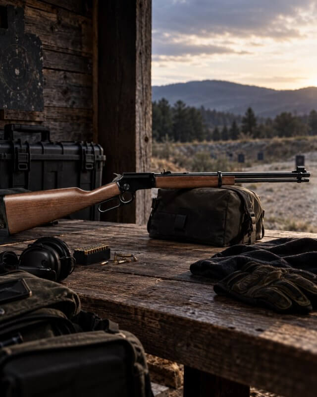 Carabine Chiappa LA322 à levier en .22 LR posée sur une table de tir extérieure, boîte de cartouches .22 LR, casque antibruit et gants à côté, cibles du stand au fond