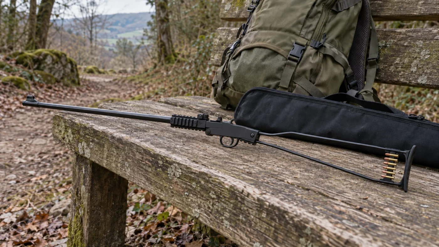 Carabine Chiappa Little Badger .22 LR pliante sur un banc en bois