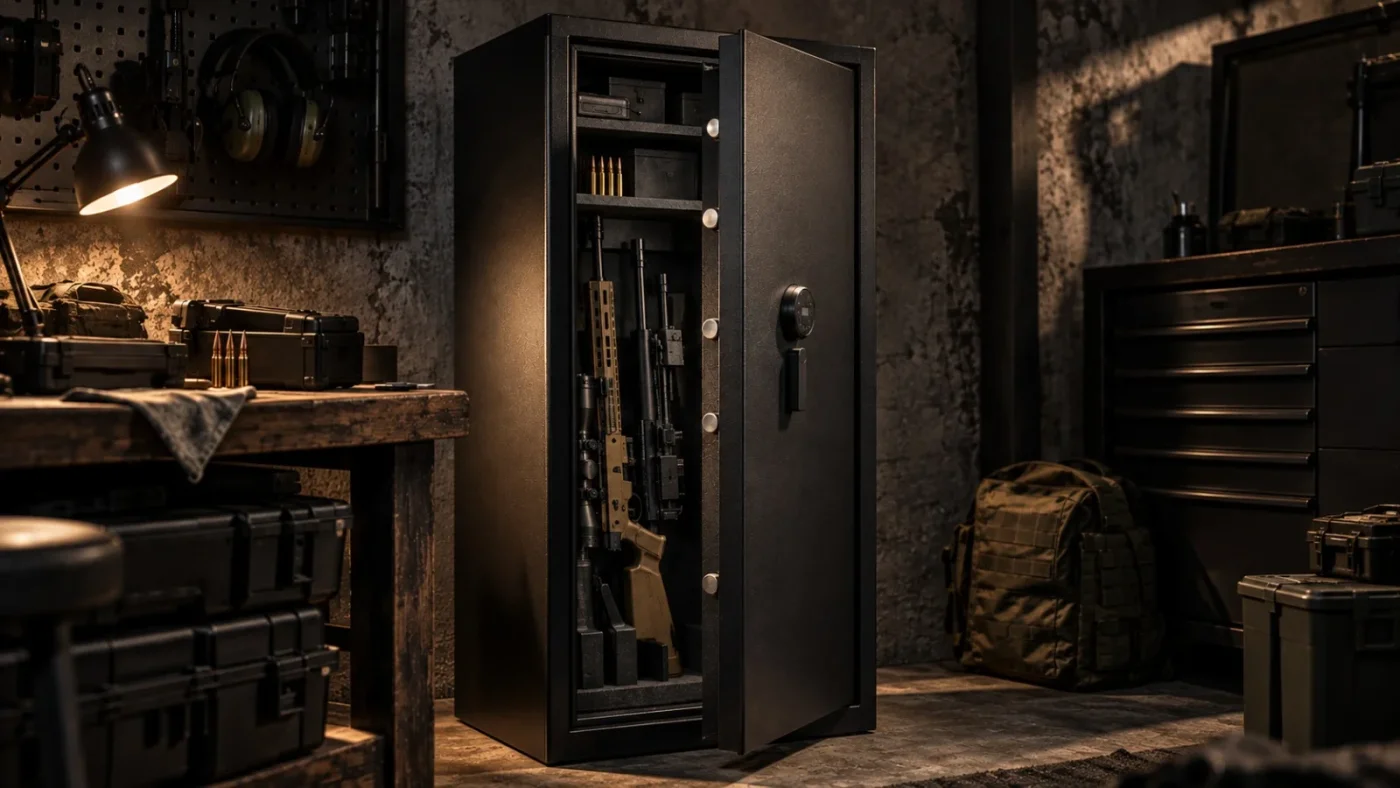 Coffre-fort à armes noir ouvert dans un atelier sombre, carabines et cartouches rangées à l'intérieur, établi en bois, casque antibruit et sac tactique autour.