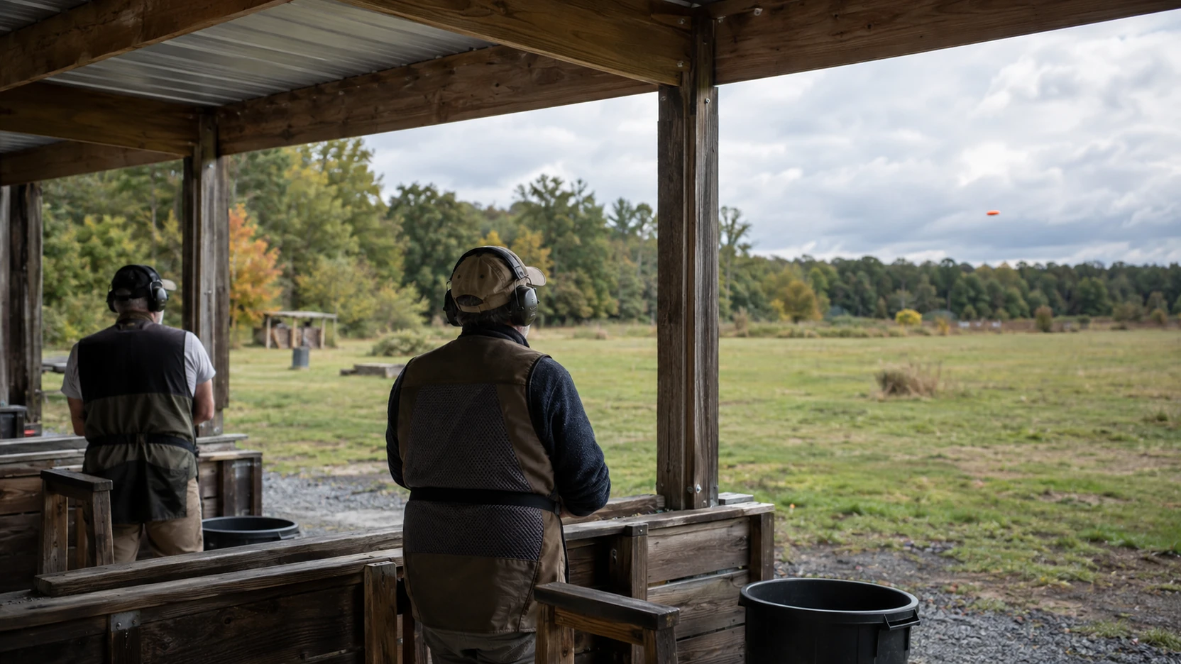 Tireur au poste sur un terrain de Compak Sporting, fusil épaulé vers la zone de survol
