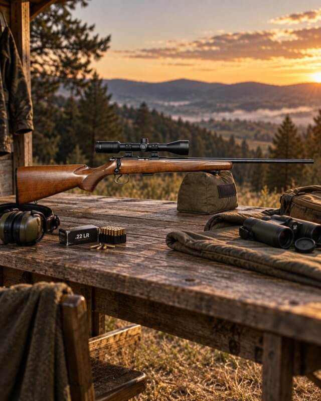Carabine CZ 452 en .22 LR posée sur un sac de tir, boîte de cartouches .22 LR et casque antibruit sur la table de tir au lever du jour