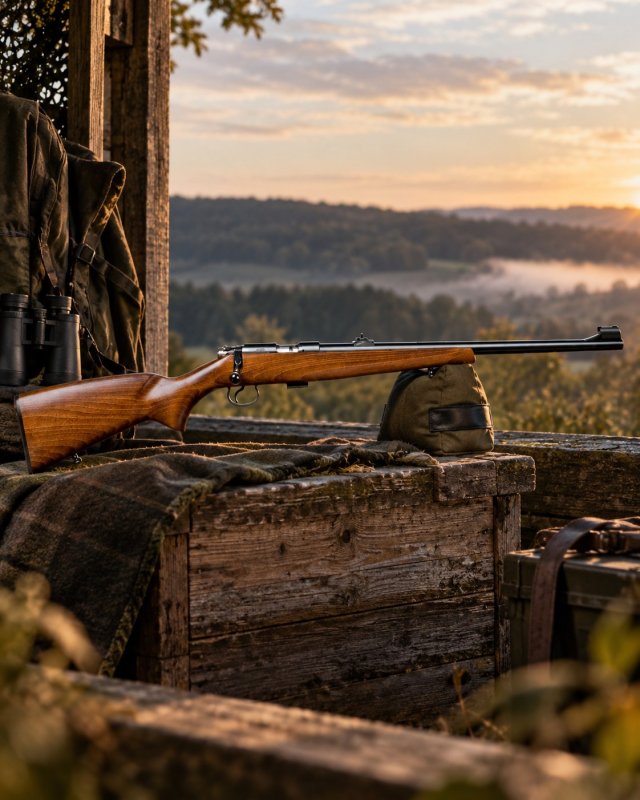 Carabine CZ 455 en .22 LR à crosse bois posée sur un sac de tir, jumelles et sac à dos à côté, vallée dans la brume au lever du jour
