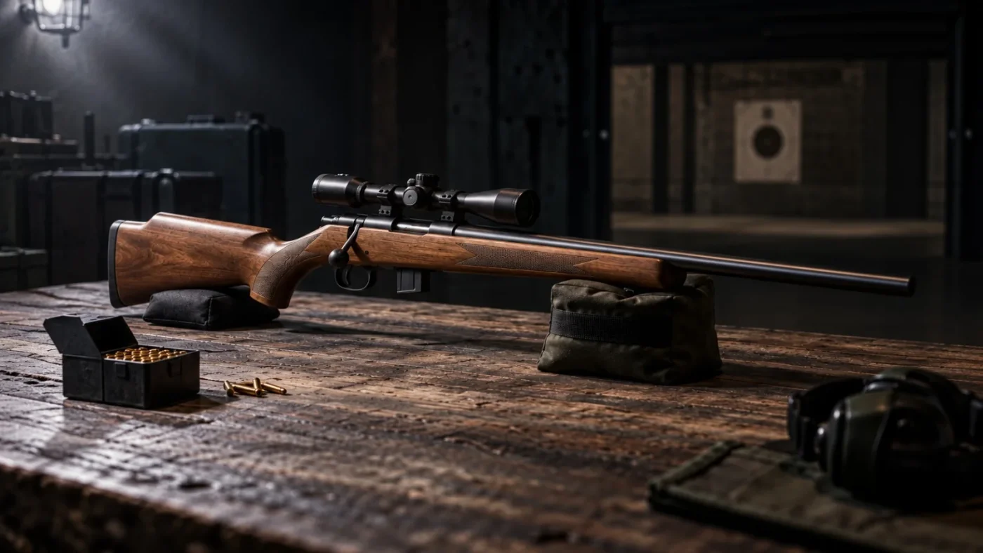 Carabine CZ 455 Varmint avec son canon bull posée sur fond neutre.