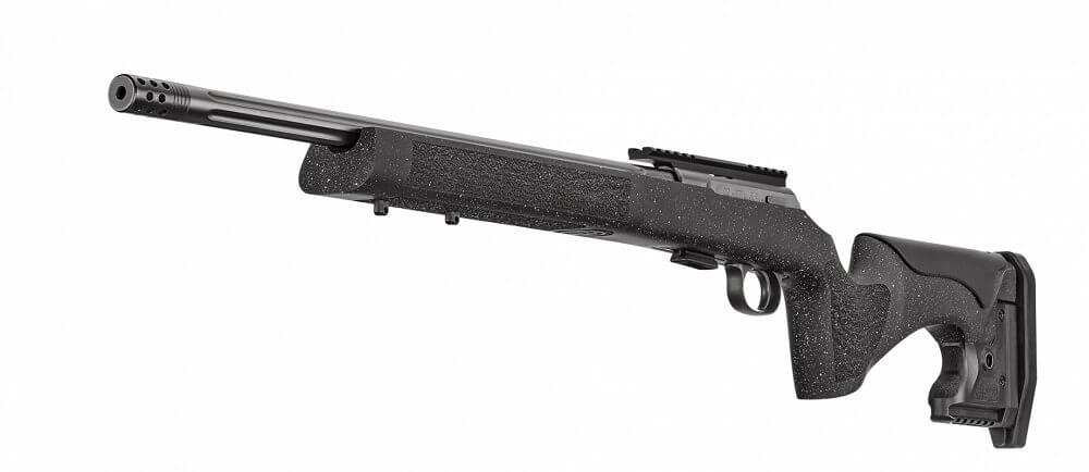 CZ 457 LRP vue de trois quarts montrant le frein de bouche amovible le canon lourd cannele et le rail inferieur du fut