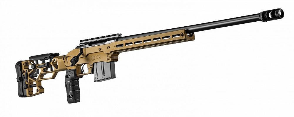 Detail du chassis MDT de la CZ 600 crosse SRS duralumin reglable puits de chargeur AICS rail ARCA Swiss garde-main M-LOK