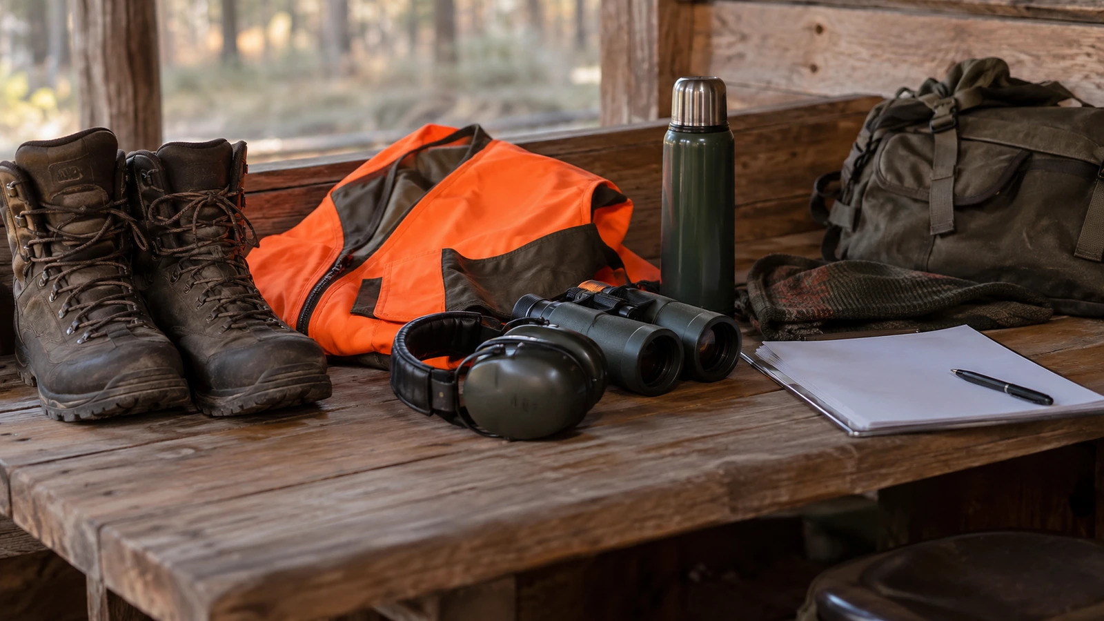 Débuter la chasse : bottes, gilet orange, casque antibruit et jumelles préparés avant la sortie