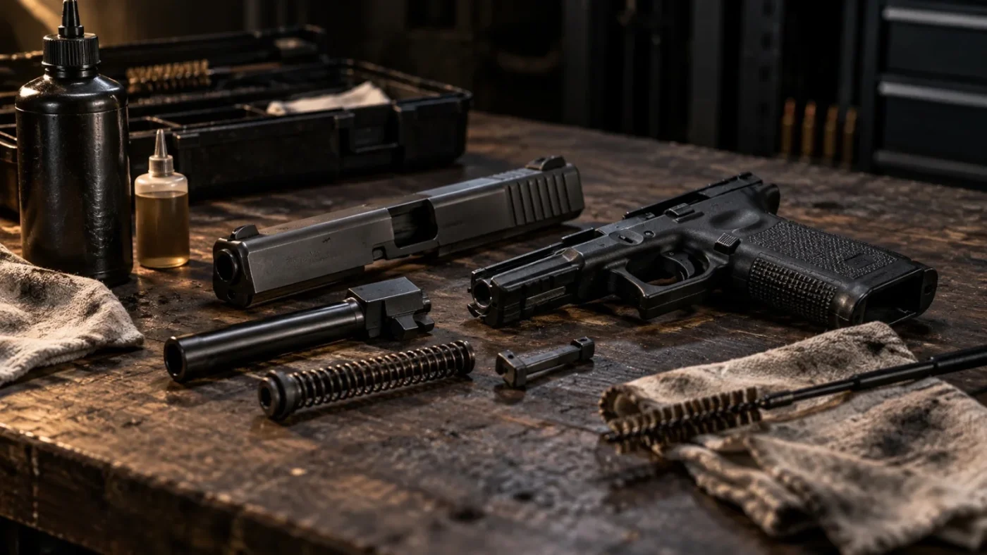 Tireur en train de dégraisser le mécanisme de son arme sur un établi