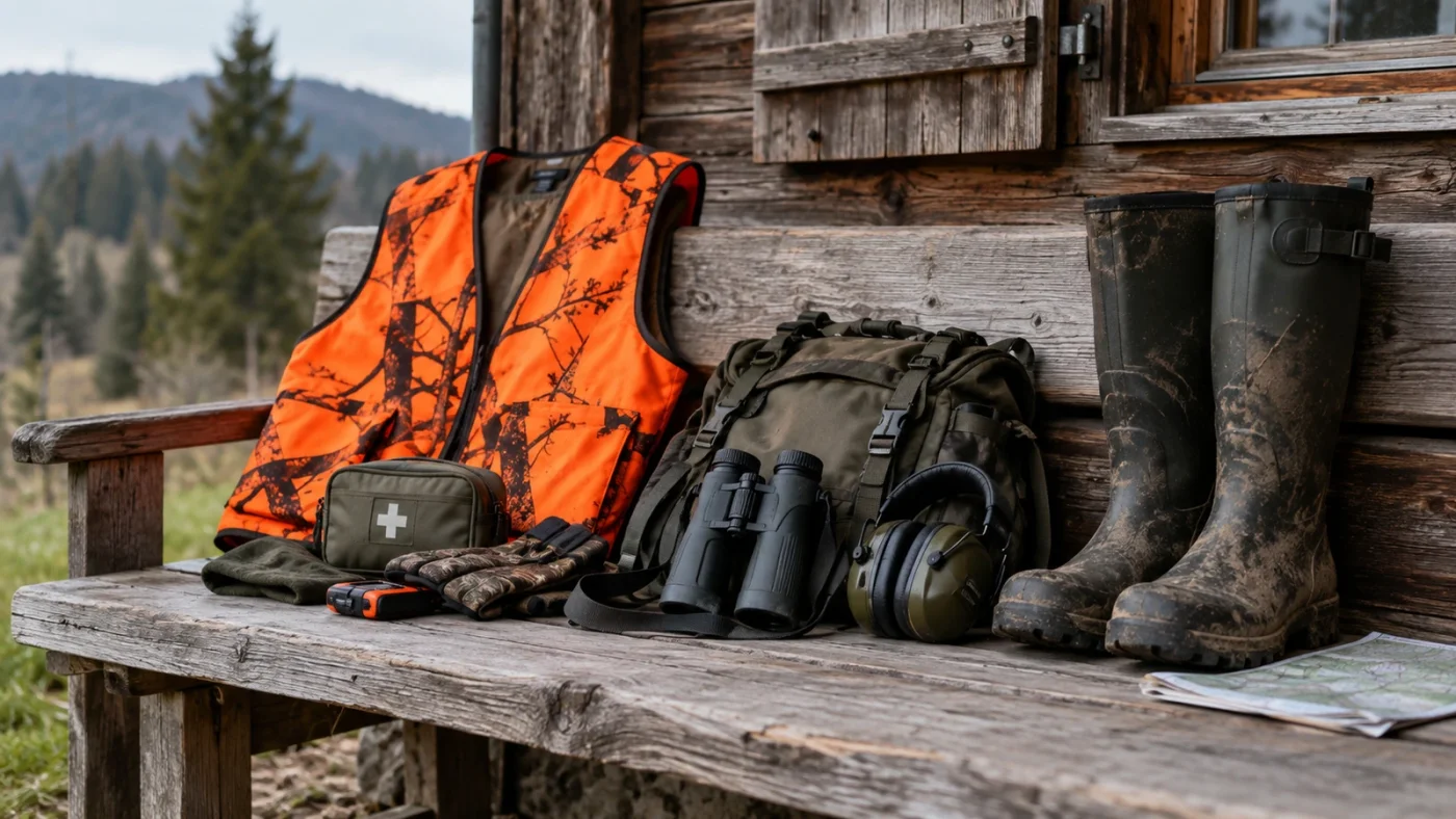 Équipement de chasse : gilet orange, trousse de secours, jumelles, casque antibruit et bottes sur un banc