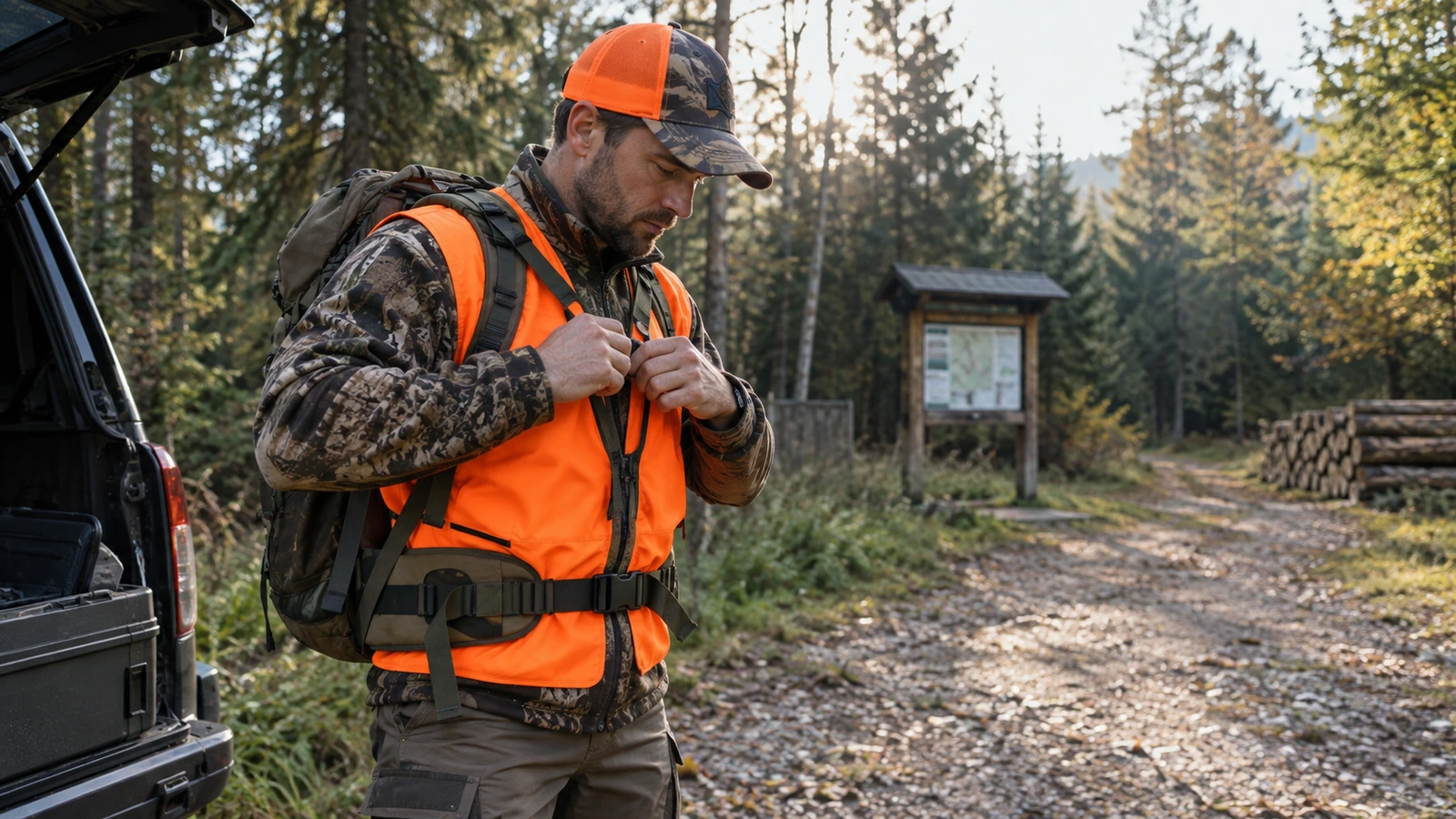 Équipement de chasse : chasseur enfilant son gilet orange et sa casquette orange avant la battue