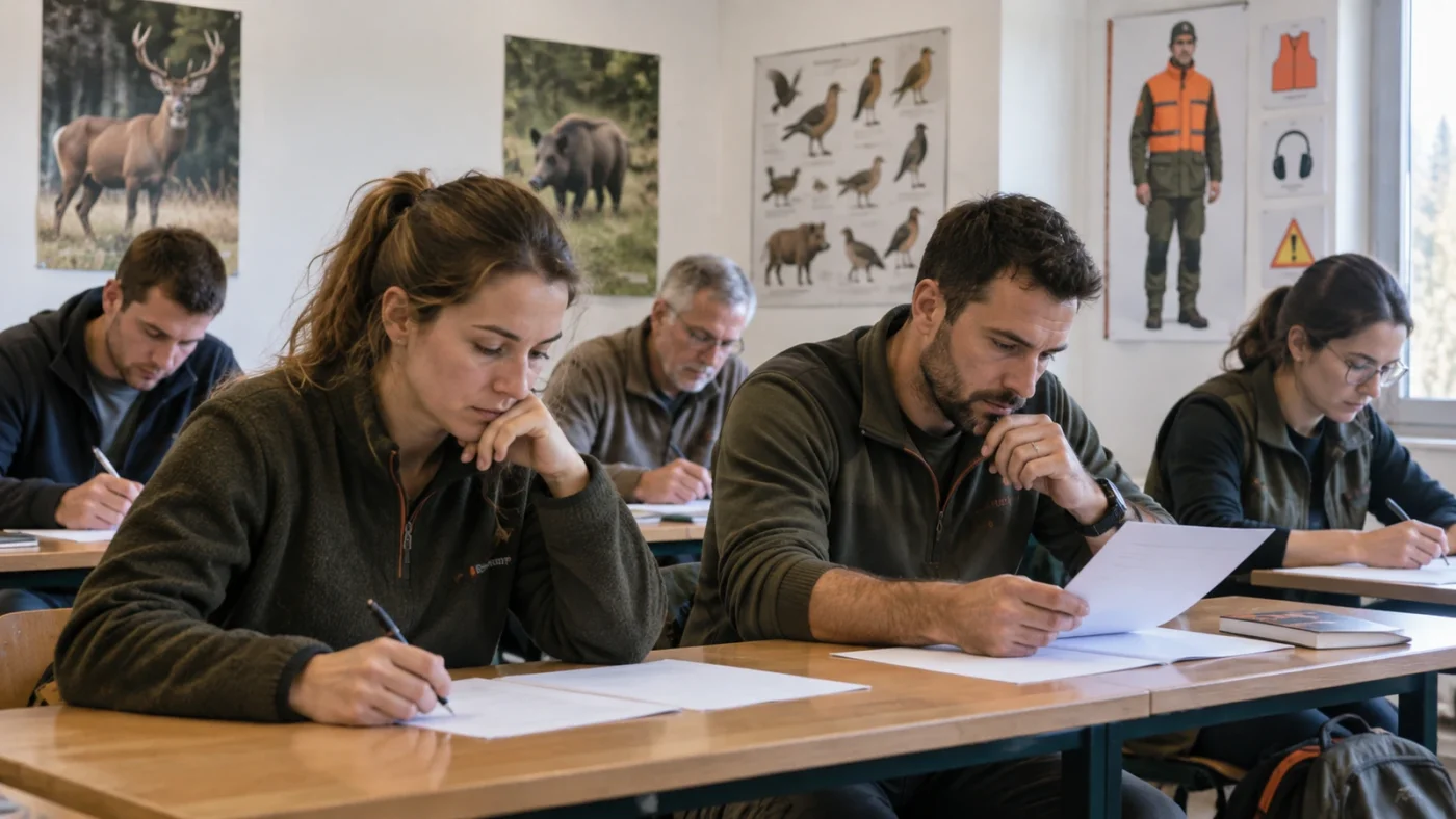 Examen du permis de chasser : candidats répondant aux questions de l'épreuve théorique
