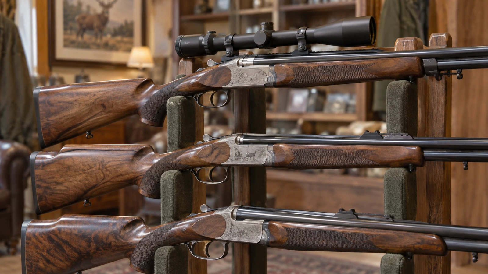 Express, mixte, drilling : trois armes basculantes à bascule gravée et crosse en noyer sur un râtelier