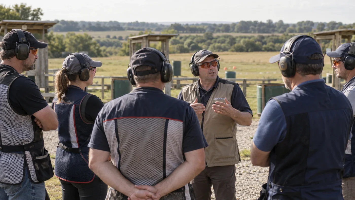 Concours de ball-trap FFBT avec les tireurs alignés au pas de tir
