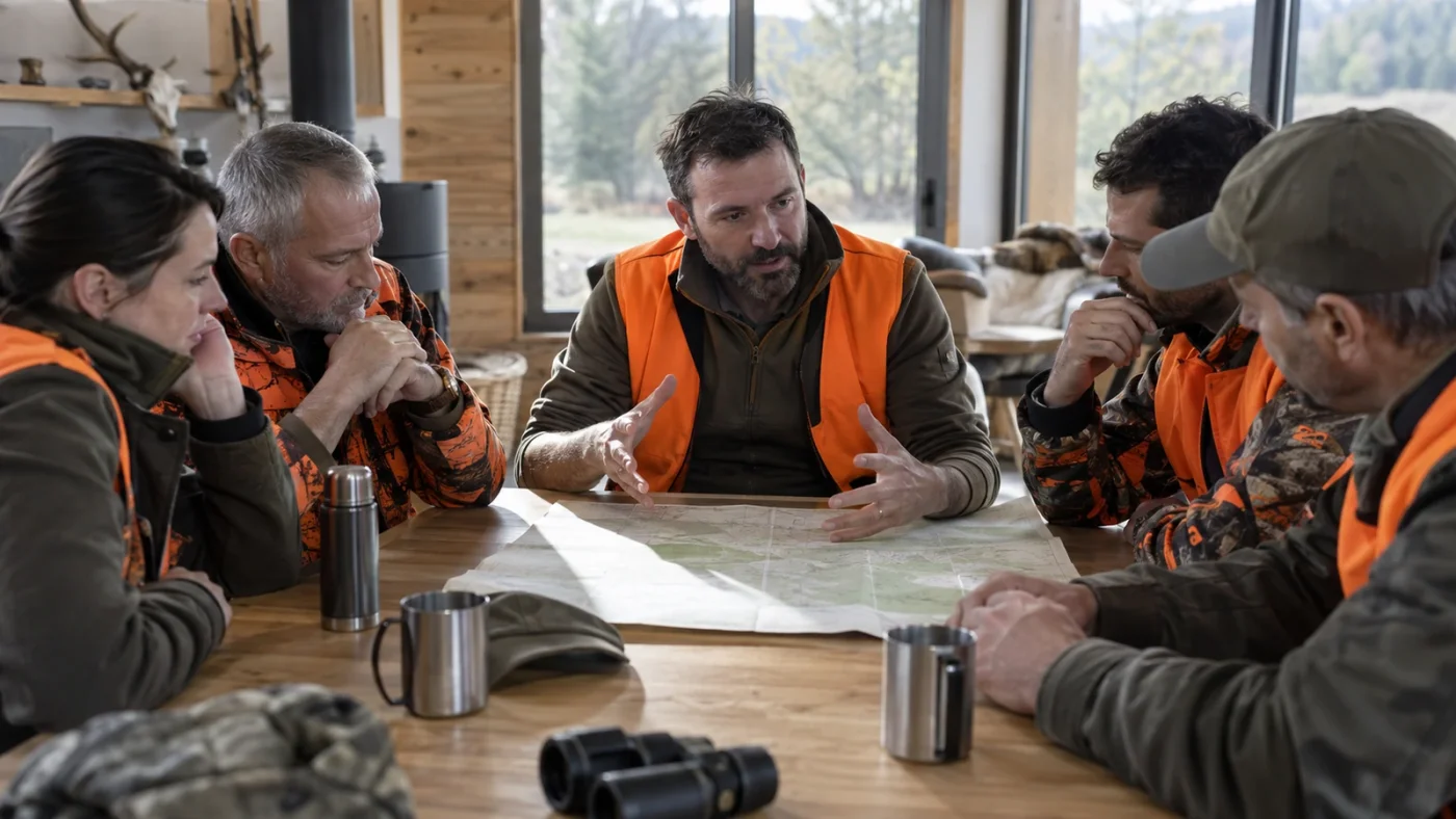 Formation décennale de sécurité à la chasse : formateur en gilet orange expliquant une carte à quatre chasseurs autour d'une table de chalet