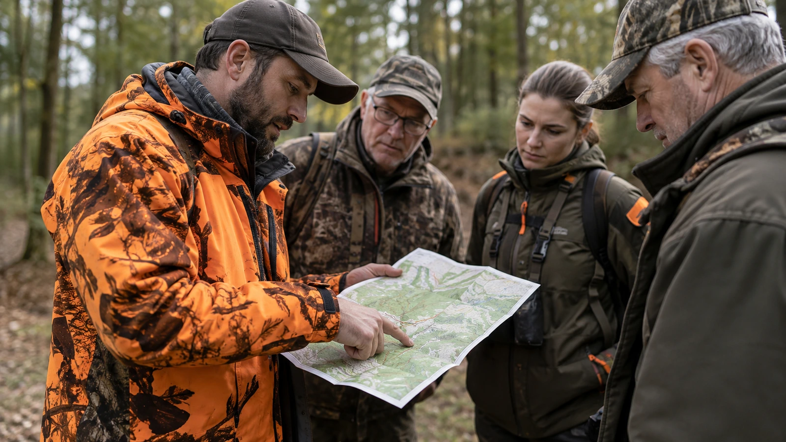 Formation décennale de sécurité à la chasse : chasseur en veste orange montrant sur une carte les postes et les zones de tir à trois autres chasseurs en forêt
