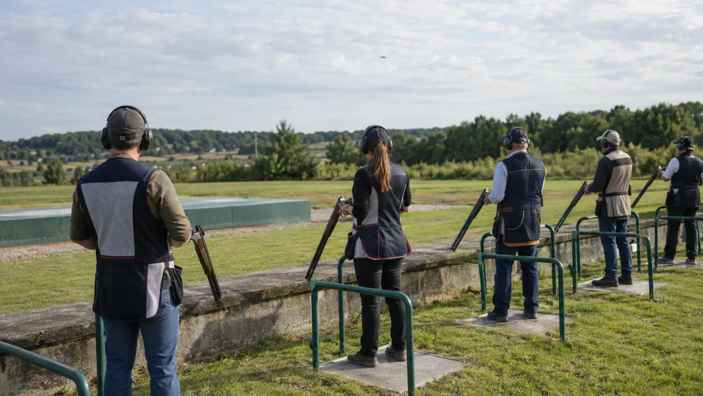 Fosse olympique avec ses postes de tir alignés devant la fosse à lanceurs