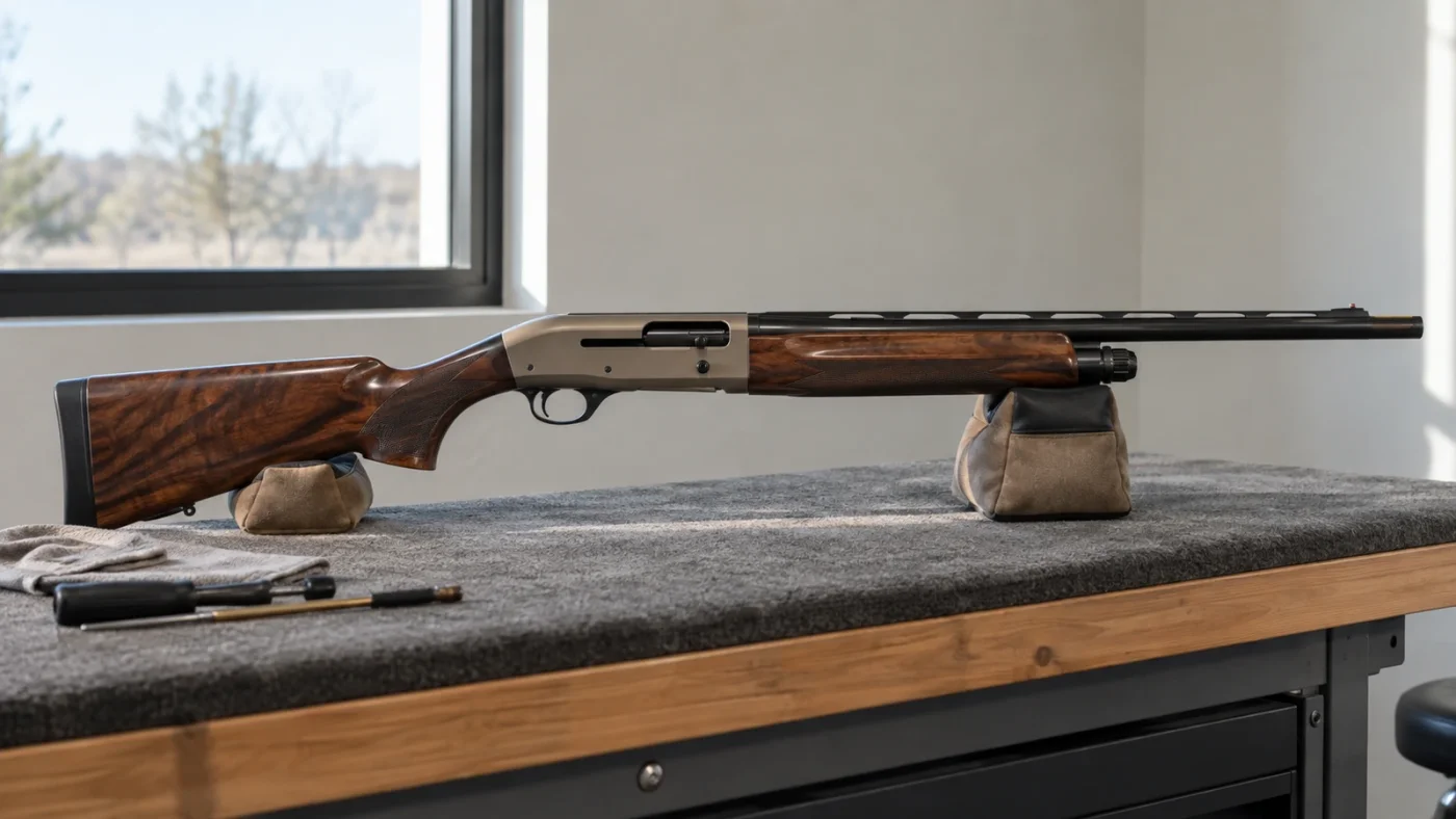 Fusil semi-automatique de chasse à crosse en noyer posé sur des sacs de tir dans un atelier
