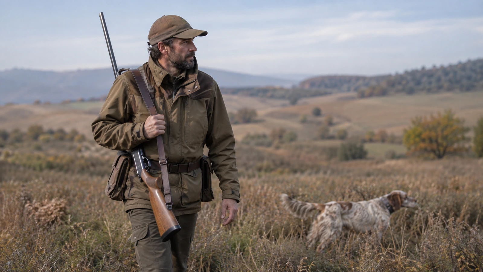 Fusil semi-automatique de chasse : chasseur portant son fusil à la bretelle, canon vers le haut, avec un setter dans une lande