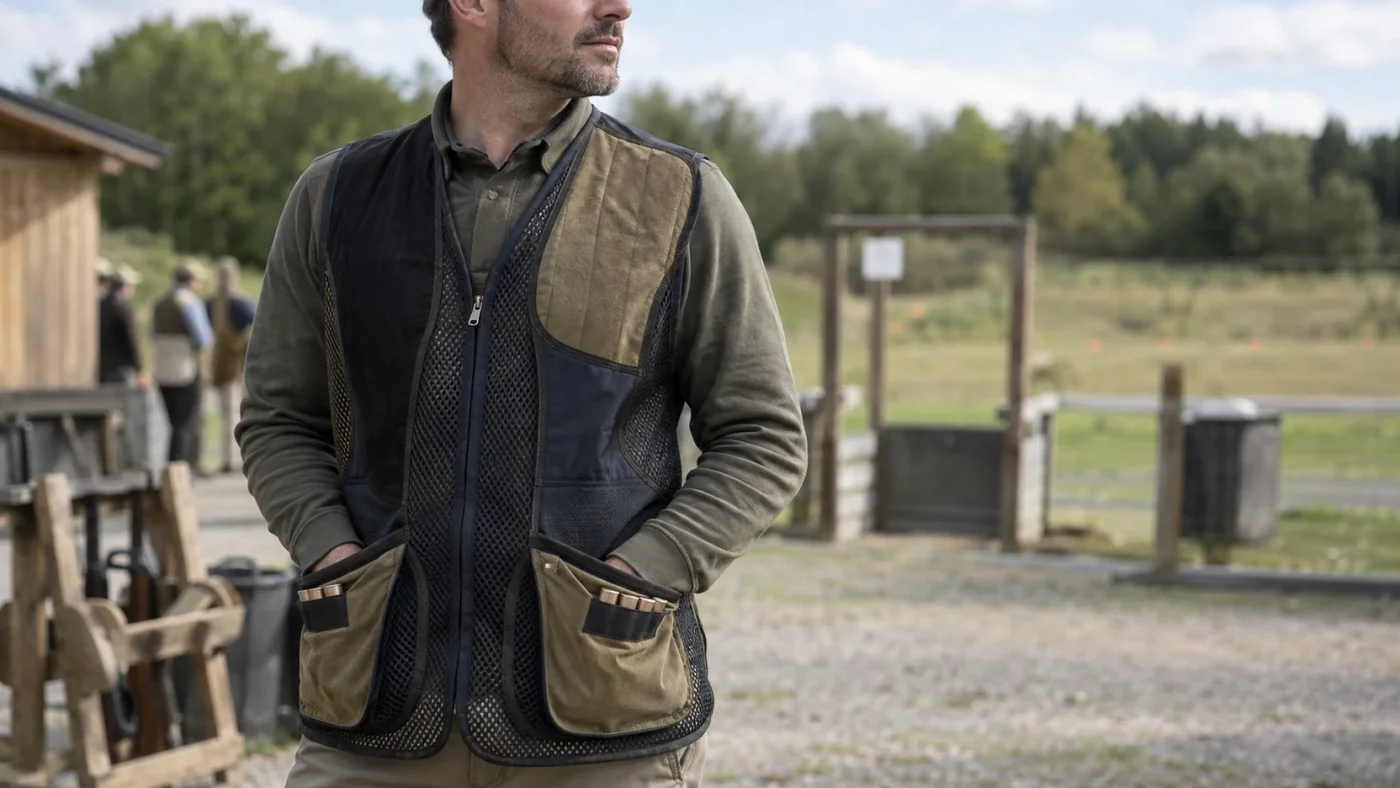 Gilet de ball-trap à épaulière suédine et poches à cartouches sur un pas de tir