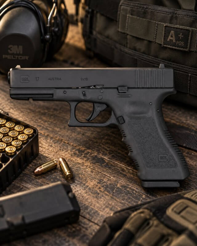 Pistolet Glock 17 Gen 3 en 9x19 posé sur un établi, boîte de cartouches 9 mm, chargeur, casque antibruit et gants à côté