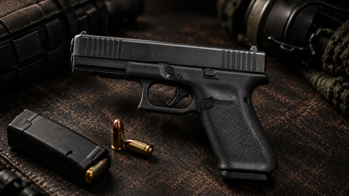 Pistolet Glock 17 Gen5 noir posé sur un plateau en cuir usé, chargeur et deux cartouches de 9 mm à côté, casque antibruit et sac tactique en arrière-plan.