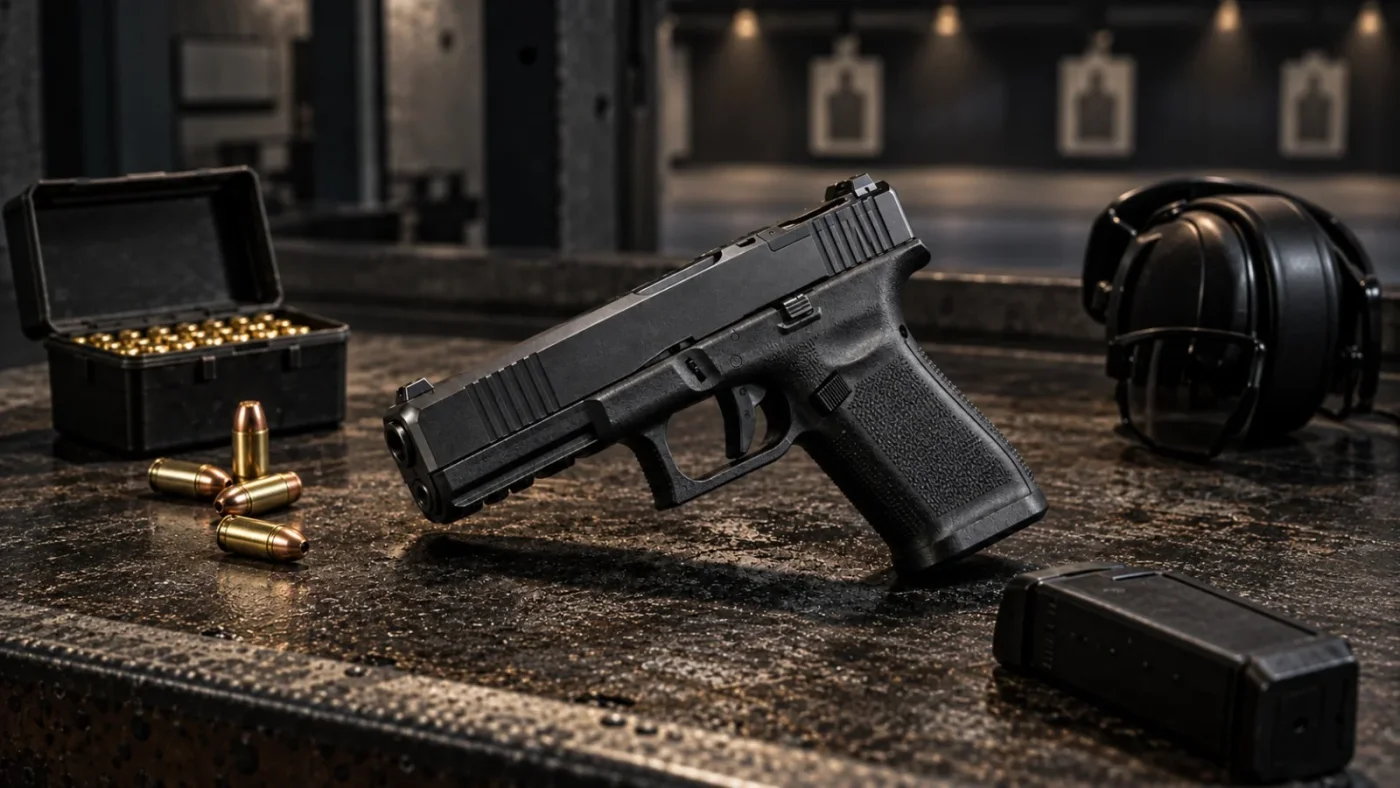 Glock 17 Gen6 en 9×19, vue latérale droite : texture RTF6, repose-pouce, détente à face plate et pontet évidé