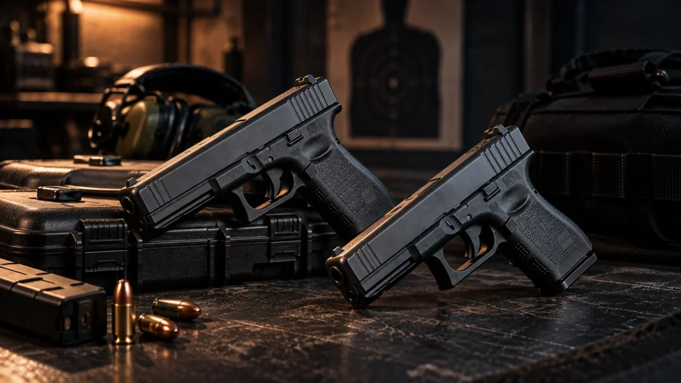 Trois pistolets Glock alignés, différence de longueur de culasse visible