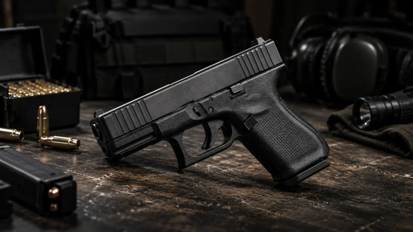 Glock 19 Gen 4 en calibre 9x19, vue latérale sur fond clair