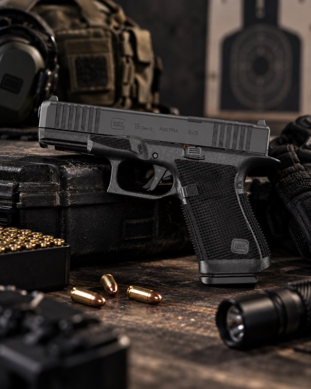 Pistolet Glock 19 Gen6 en 9x19 posé sur un établi, boîte de cartouches 9 mm, casque antibruit et lampe autour, cible en carton au fond