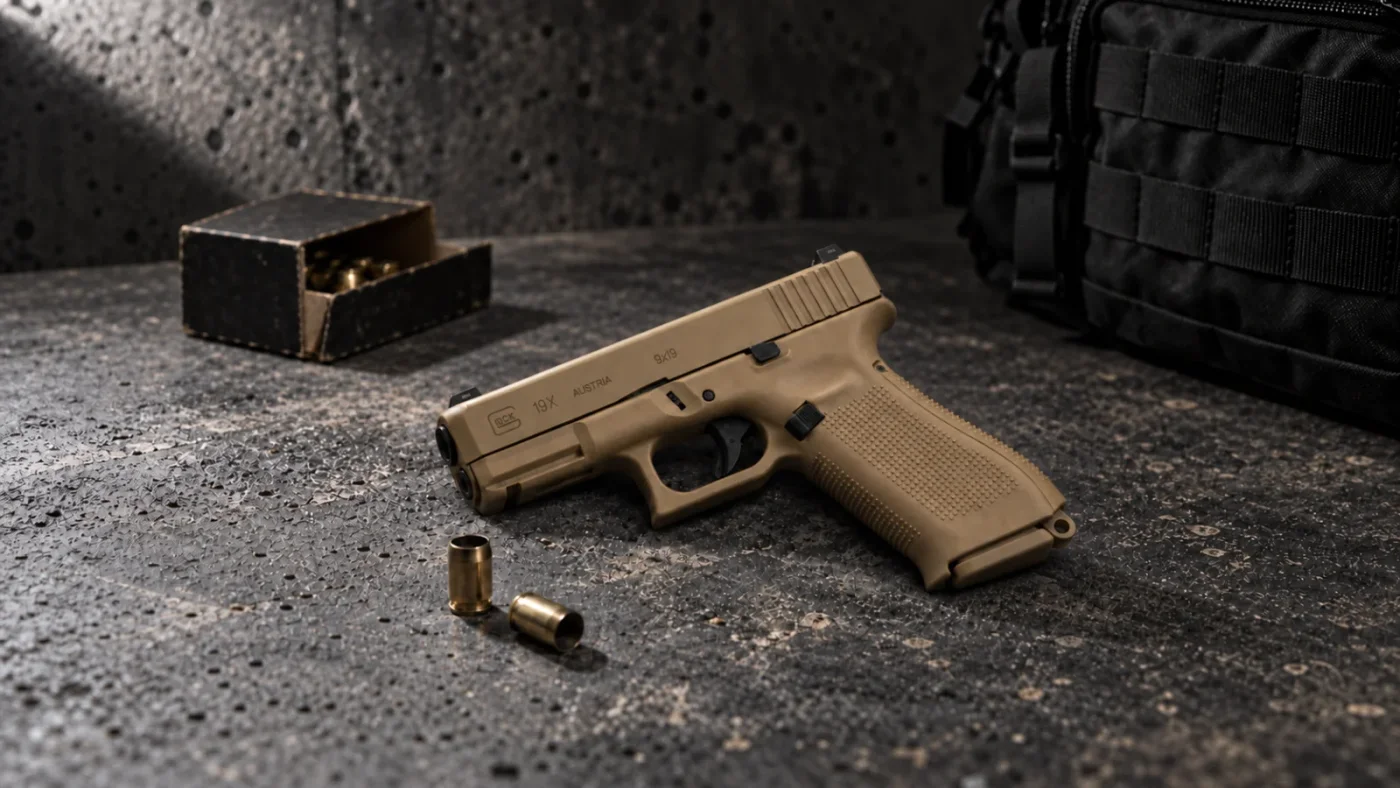 Glock 19X en finition coyote, calibre 9x19, vue latérale