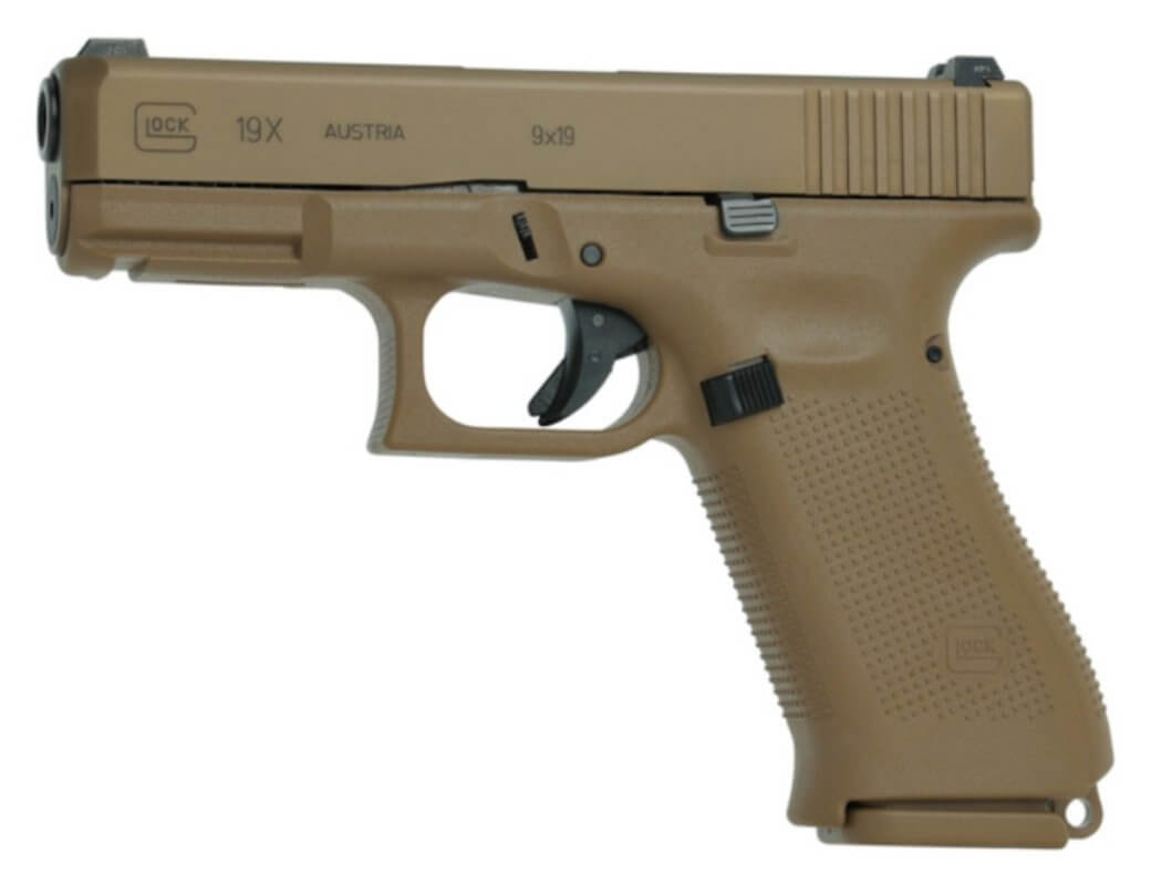 Glock 19X Gen5 en finition coyote, calibre 9×19, vue latérale droite
