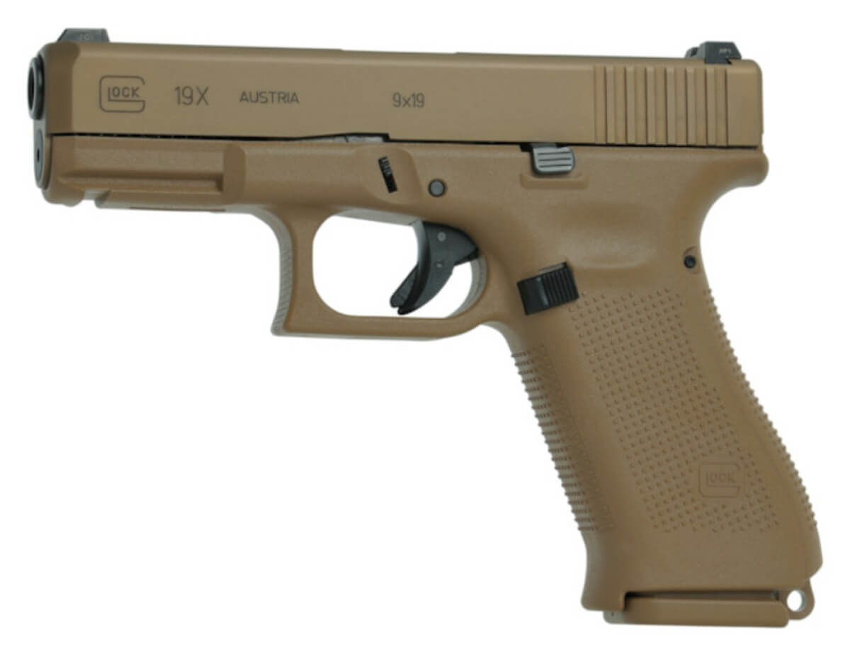 Glock 19X Gen5 en finition coyote, calibre 9×19, vue latérale droite