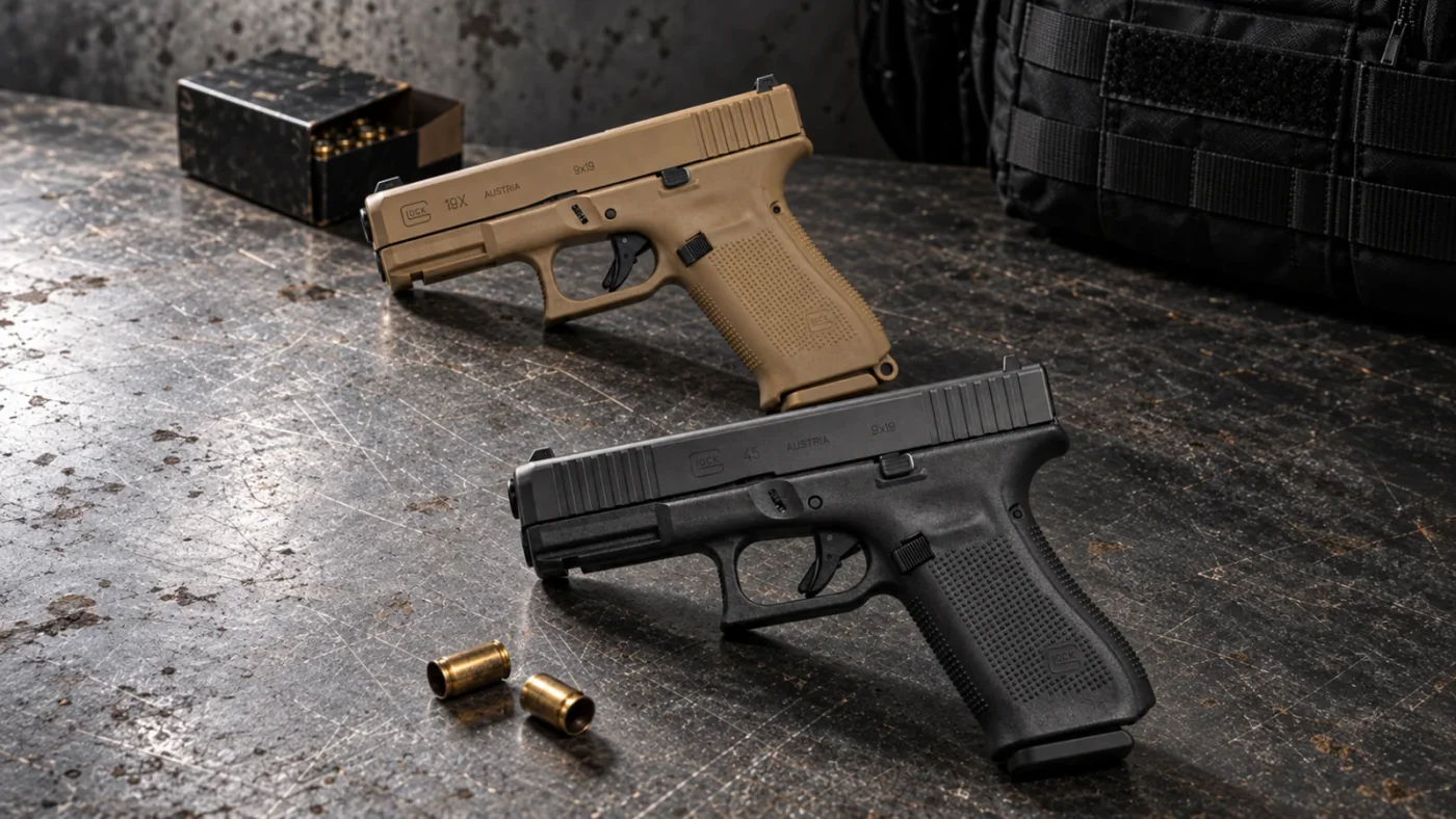 Glock 19X en finition coyote, calibre 9x19, vue latérale