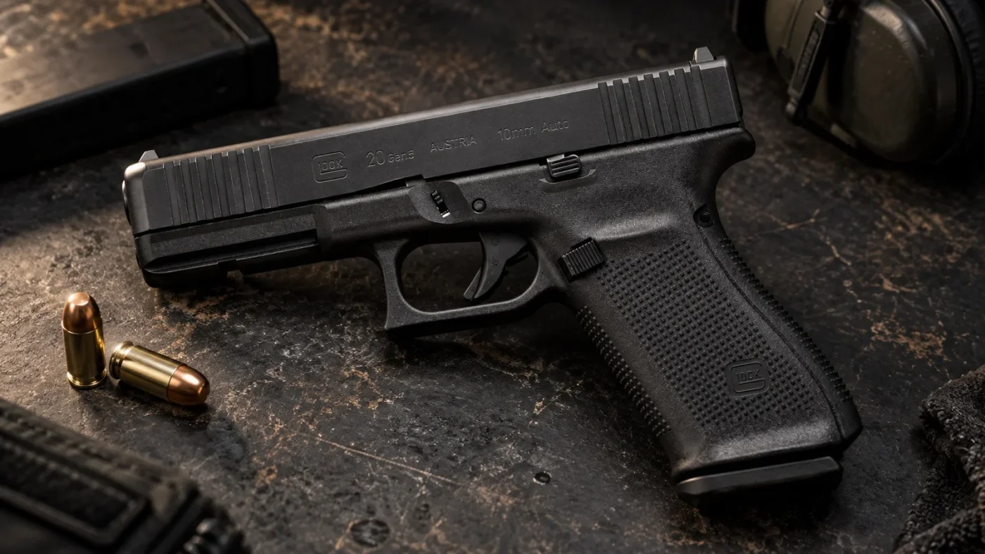 Pistolet Glock 20 Gen5 en 10 mm Auto posé sur un plateau métallique patiné, deux cartouches à côté, chargeur, casque antibruit et étui en arrière-plan.