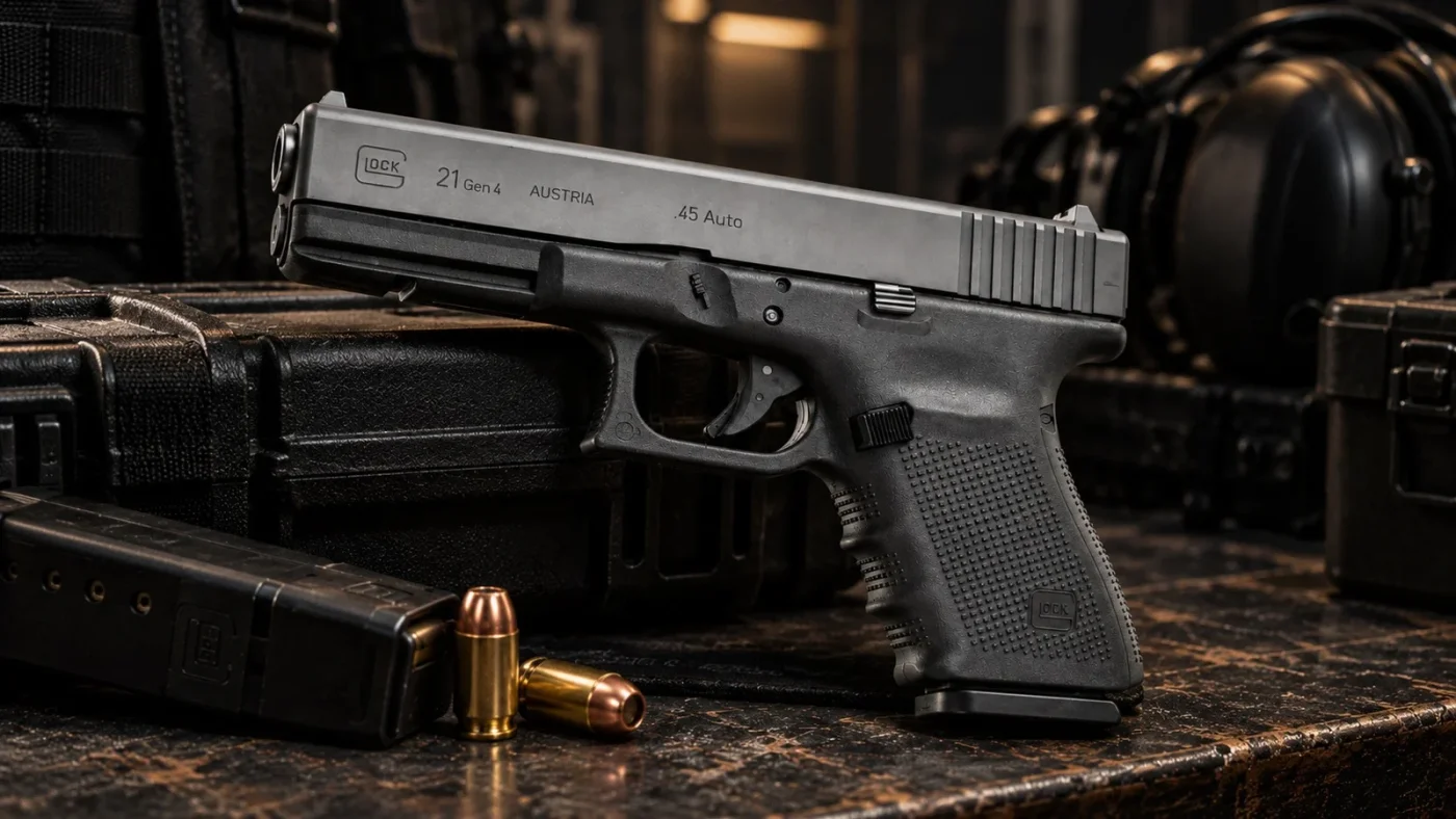 Pistolet Glock 21 Gen4 en .45 Auto posé sur une mallette rigide, marquages GLOCK 21 Gen4 Austria .45 Auto sur la glissière, chargeur et deux cartouches .45 à côté, sac et casque antibruit au fond.