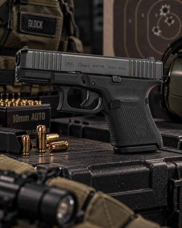 Pistolet Glock 29 Gen5 en 10 mm Auto posé sur une caisse de transport, chargeur et cartouches 10 mm Auto à côté