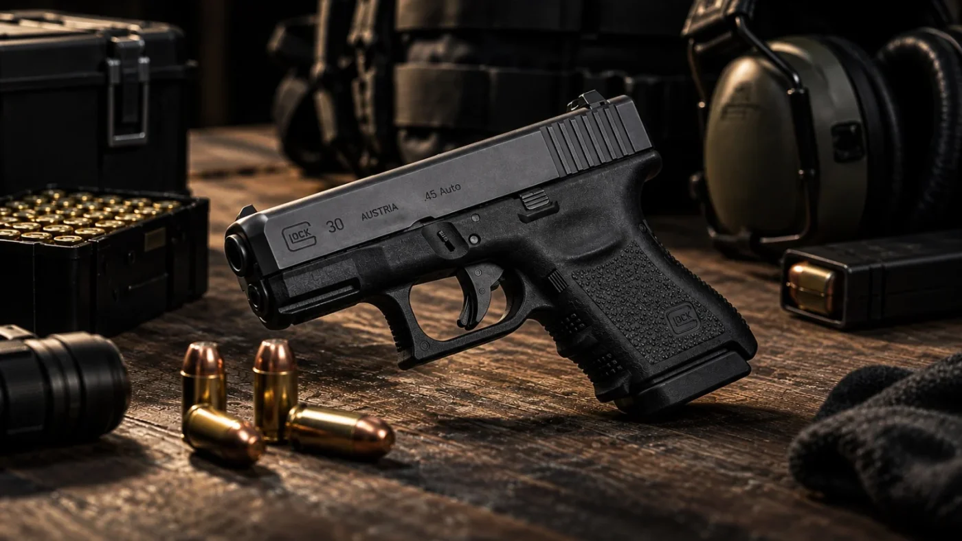 Pistolet Glock 30 Gen5 en .45 Auto posé sur un banc de tir intérieur