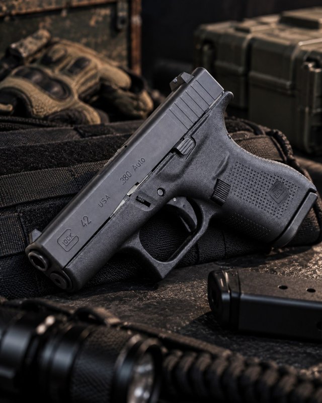 Pistolet Glock 42 en .380 Auto posé sur un gilet tactique, chargeur, lampe et gants autour
