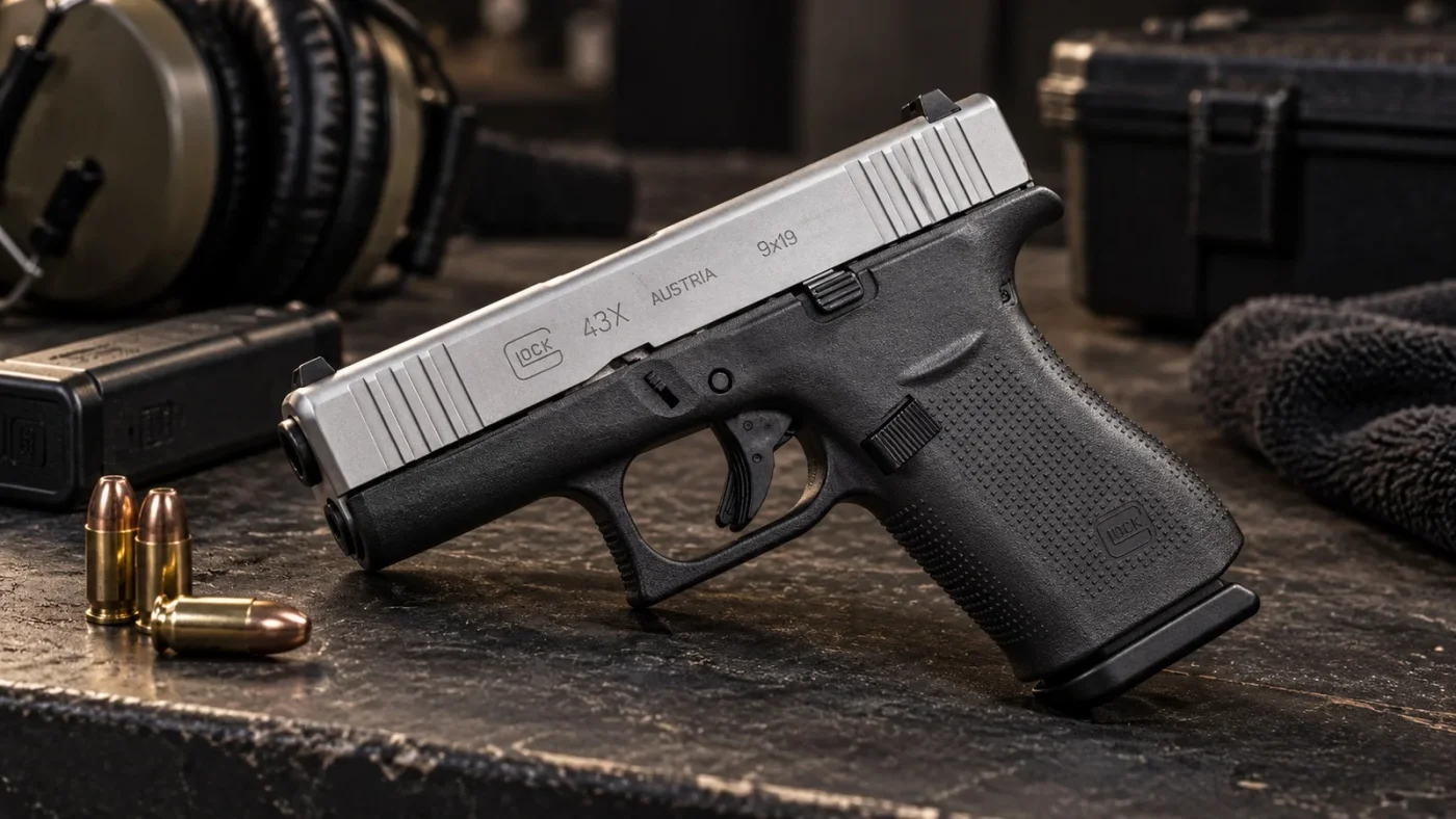 Pistolet Glock 43X à glissière argentée en 9x19 posé sur une table de stand, chargeur et cartouches 9 mm à côté, casque antibruit et caisse de munitions au fond.