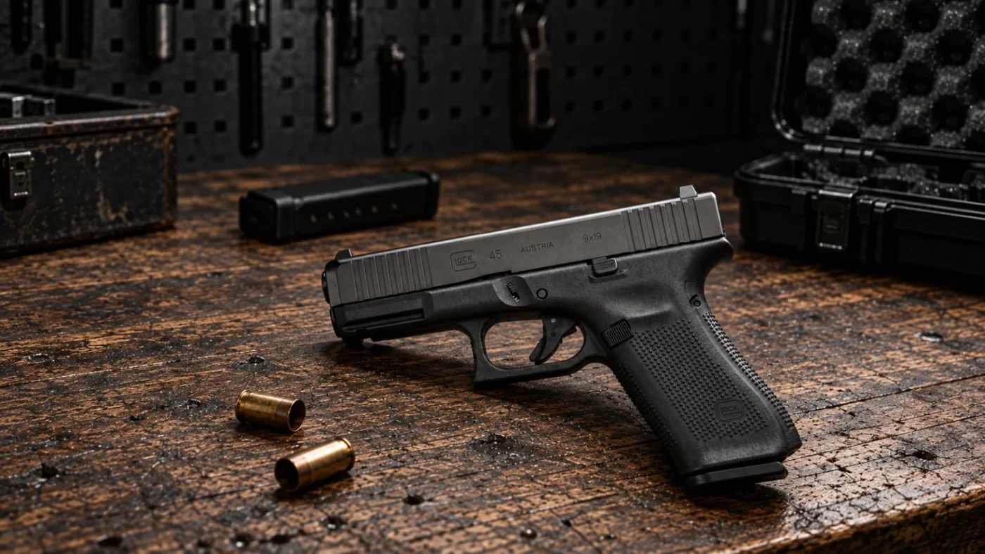 Glock 45 en 9x19 équipé d'un point rouge, d'un canon fileté et d'une lampe tactique