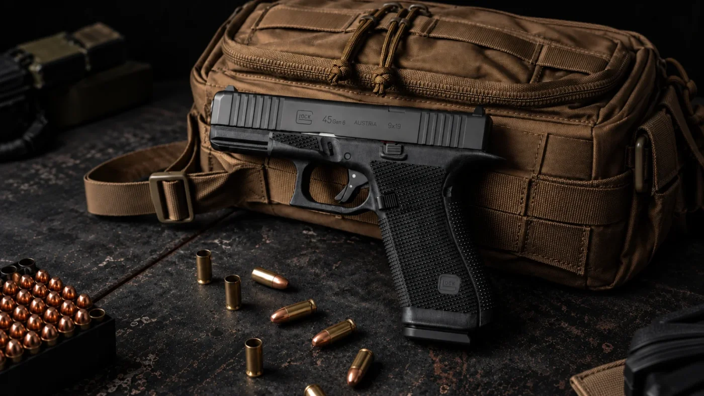 Glock 45 Gen6 en 9x19 posé contre un sac tactique, douilles et cartouches sur une table sombre