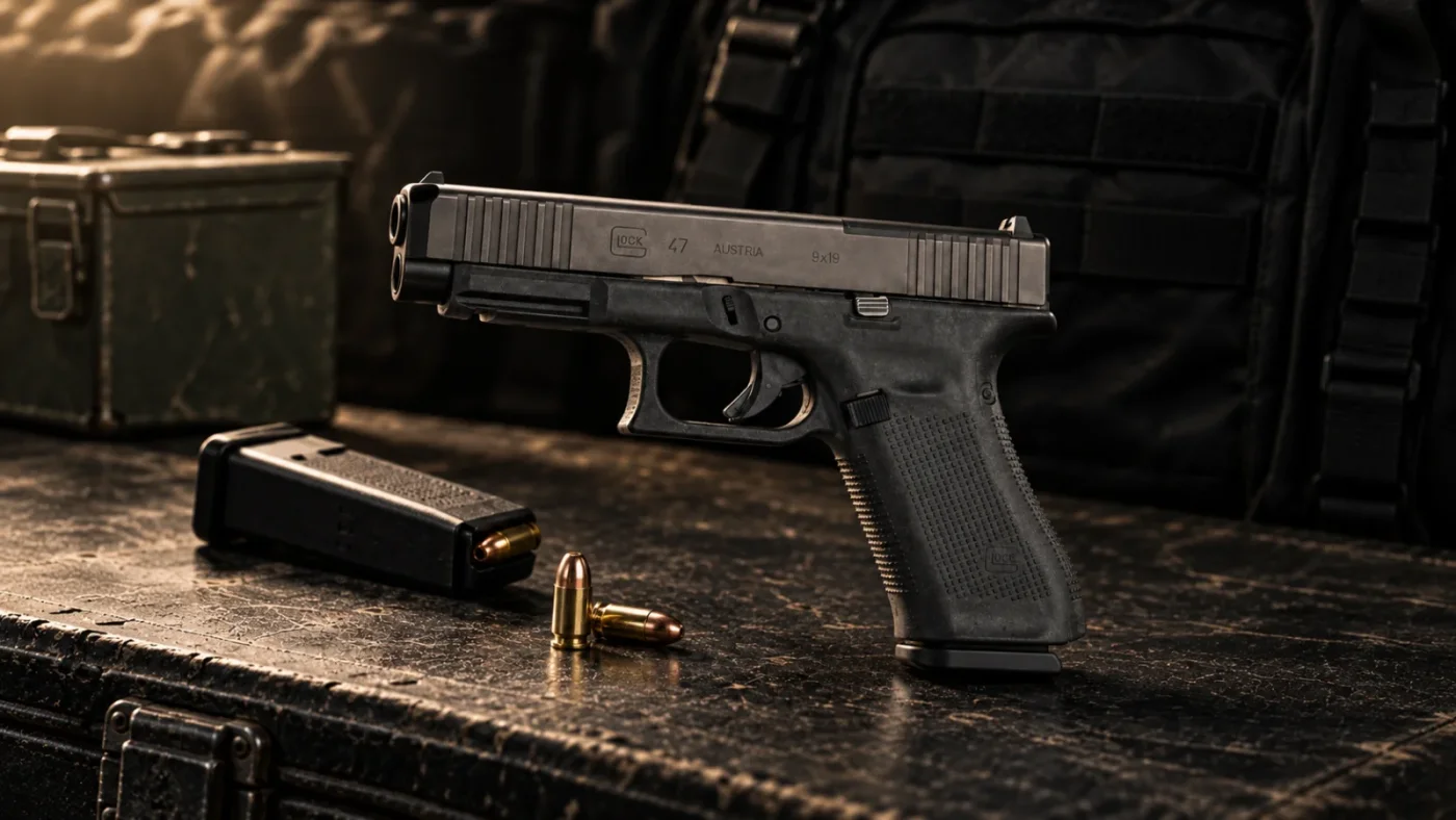 Glock 47 Gen5 MOS dans sa mallette sur un stand de tir extérieur