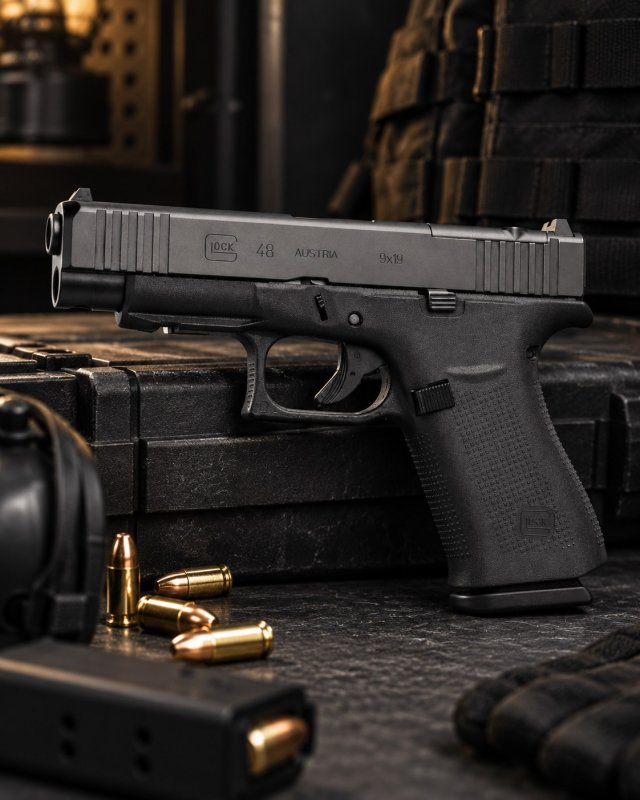 Pistolet Glock 48 en 9x19 posé devant une caisse de transport, chargeur, cartouches 9 mm et casque antibruit à côté
