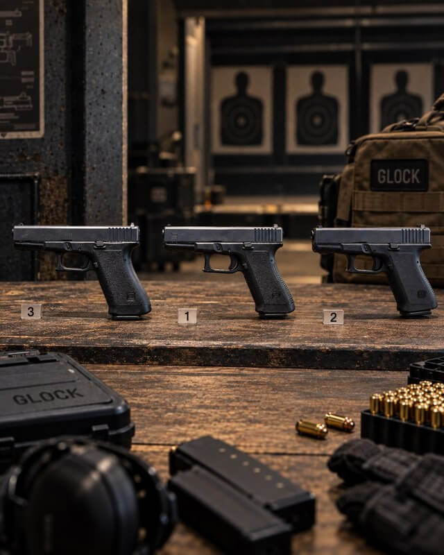 Trois pistolets Glock alignés sur une table de stand de tir, mallette, chargeurs et cartouches autour