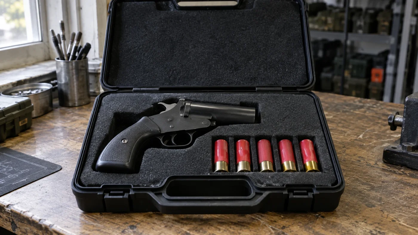 Pistolet gomme cogne à un coup dans sa mallette, avec cinq cartouches de calibre 12/50