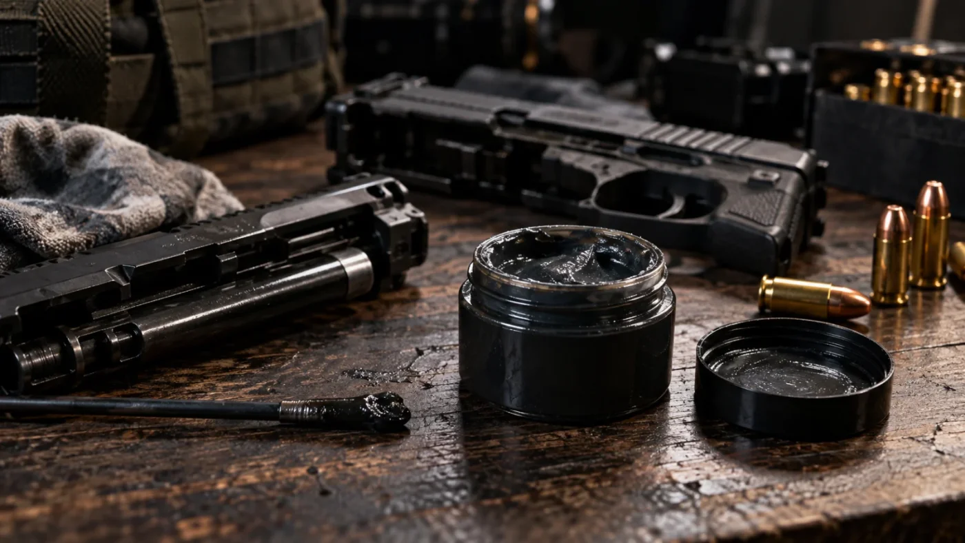 Armurier appliquant de la graisse graphitée sur le mécanisme d'un fusil à l'établi