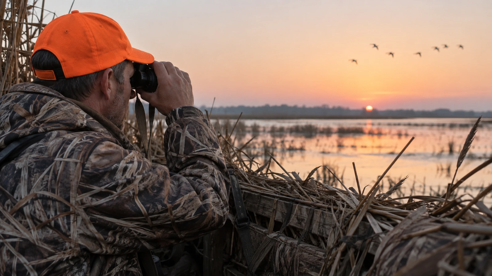 Grenaille sans plomb : chasseur en tenue camouflage observant des canards au lever du jour depuis une hutte