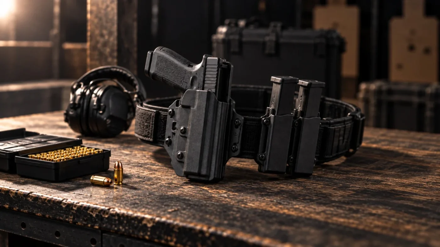 Tireuse au pas de tir extérieur, pistolet en holster à la ceinture, casque et lunettes de protection